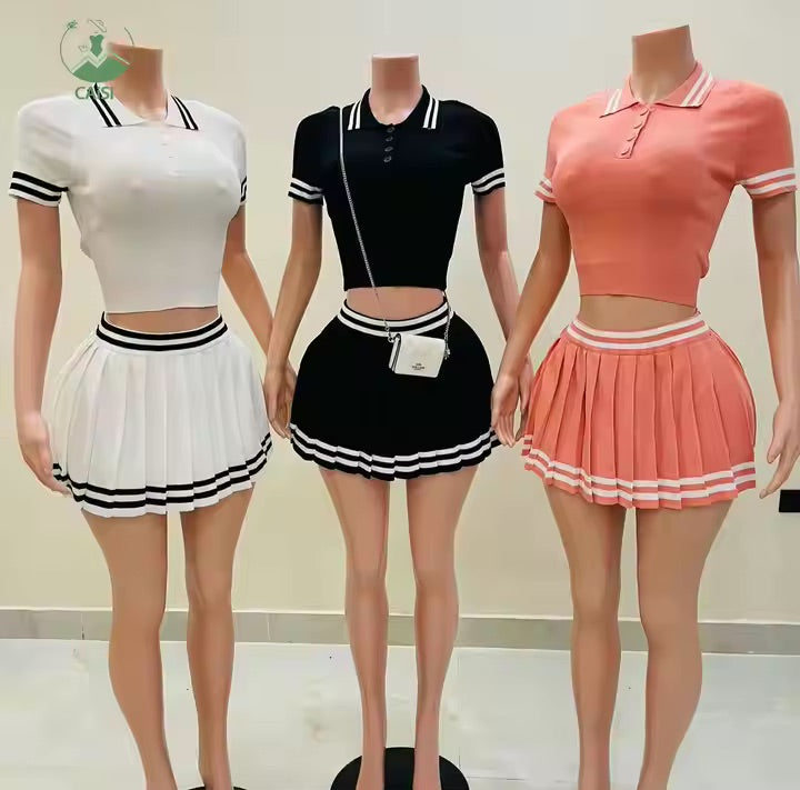 New Knit Two Piece Skirt Sets Women Outfits Striped Polo Shirt And Tennis Skirt Summer Casual 2 Piece Skirt Sets 2024 For Girls