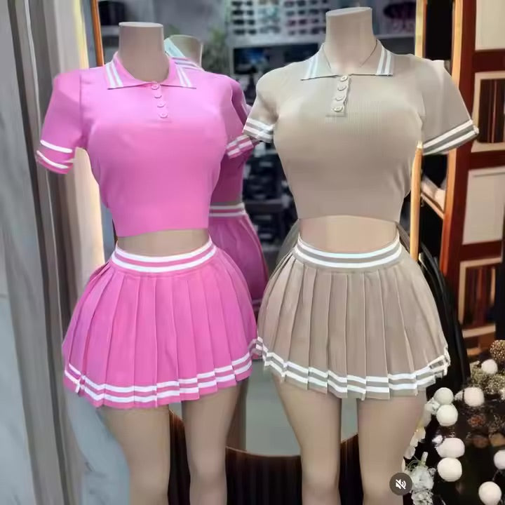 New Knit Two Piece Skirt Sets Women Outfits Striped Polo Shirt And Tennis Skirt Summer Casual 2 Piece Skirt Sets 2024 For Girls