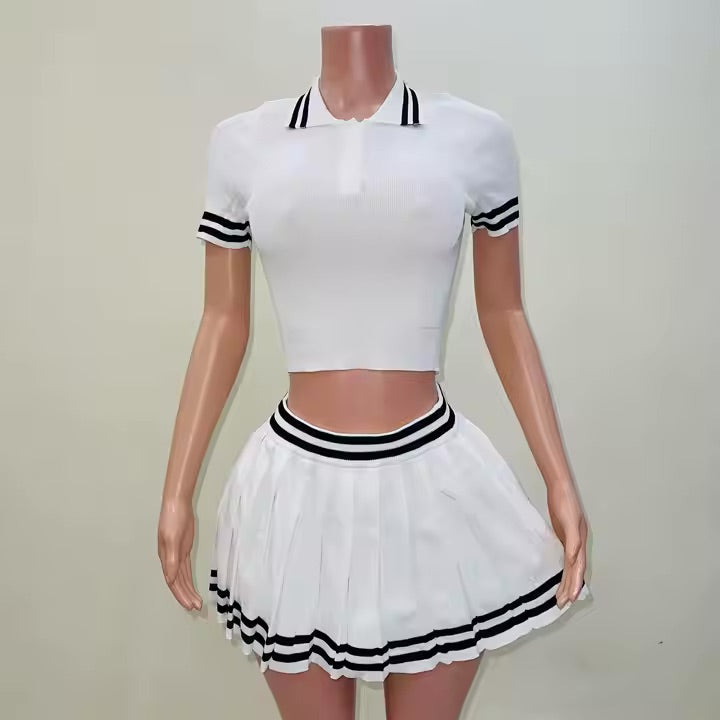 New Knit Two Piece Skirt Sets Women Outfits Striped Polo Shirt And Tennis Skirt Summer Casual 2 Piece Skirt Sets 2024 For Girls