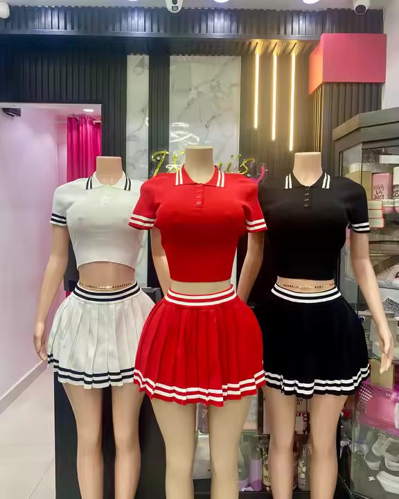 New Knit Two Piece Skirt Sets Women Outfits Striped Polo Shirt And Tennis Skirt Summer Casual 2 Piece Skirt Sets 2024 For Girls